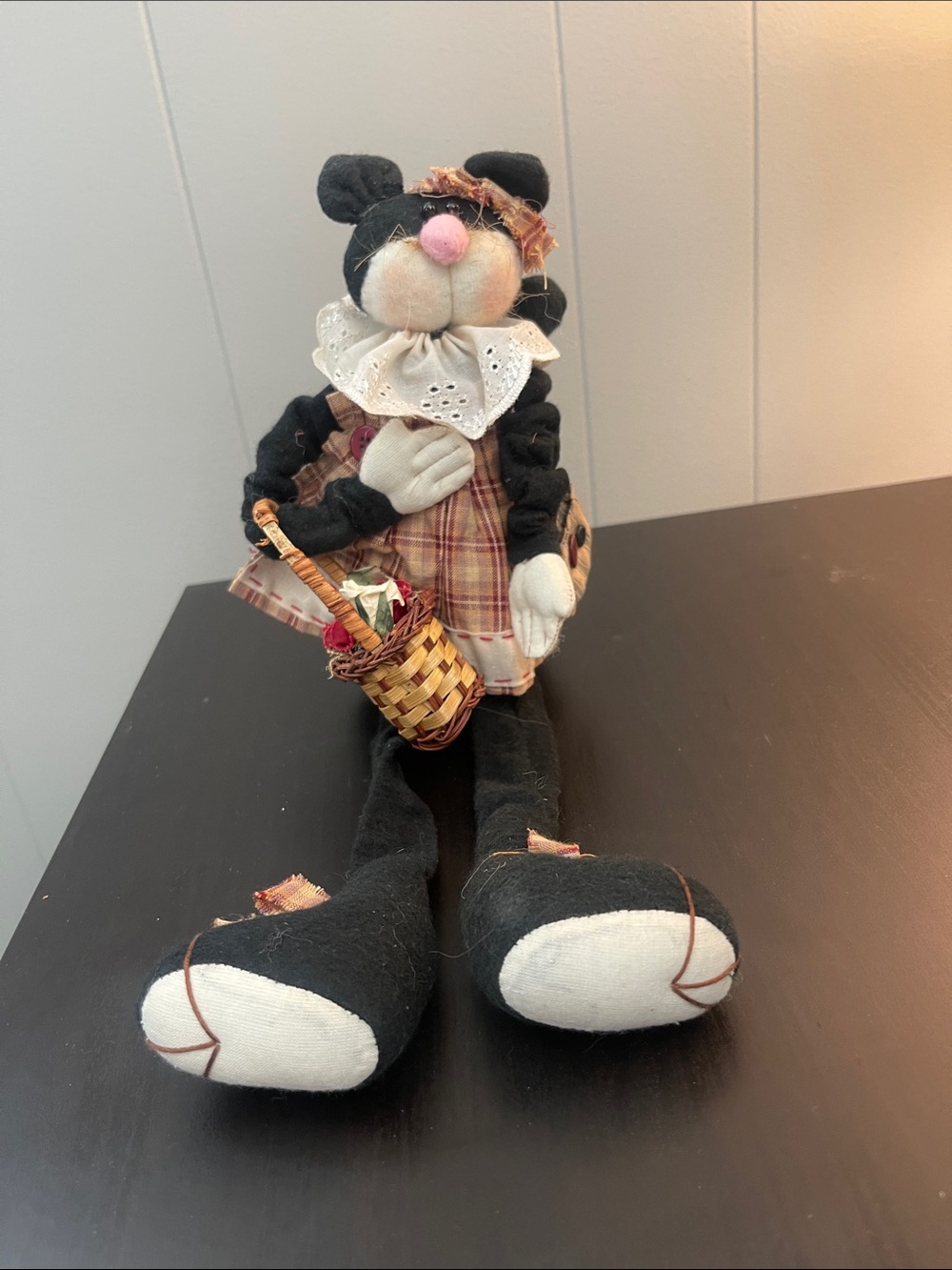 Handmade Black Cat Rag Doll with Plaid Dress and Basket